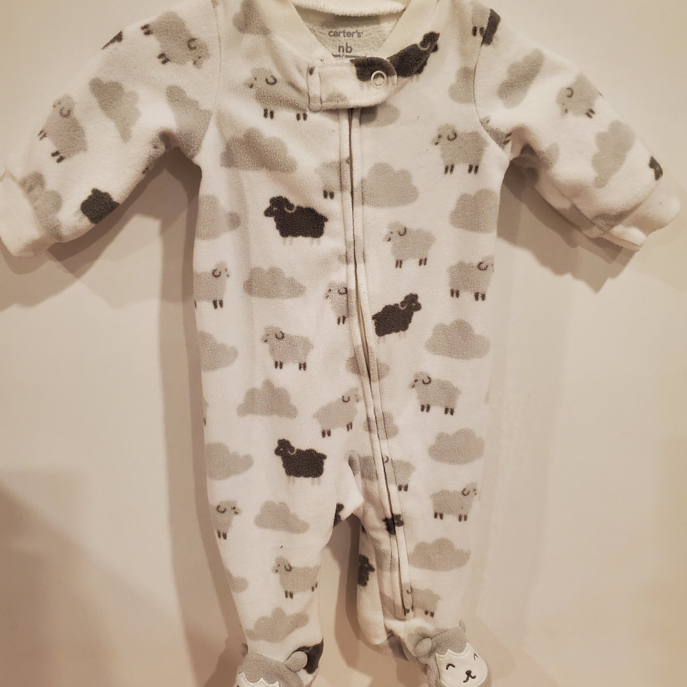 Carter's White Gray Sheep Print Fleece Footed One-Piece